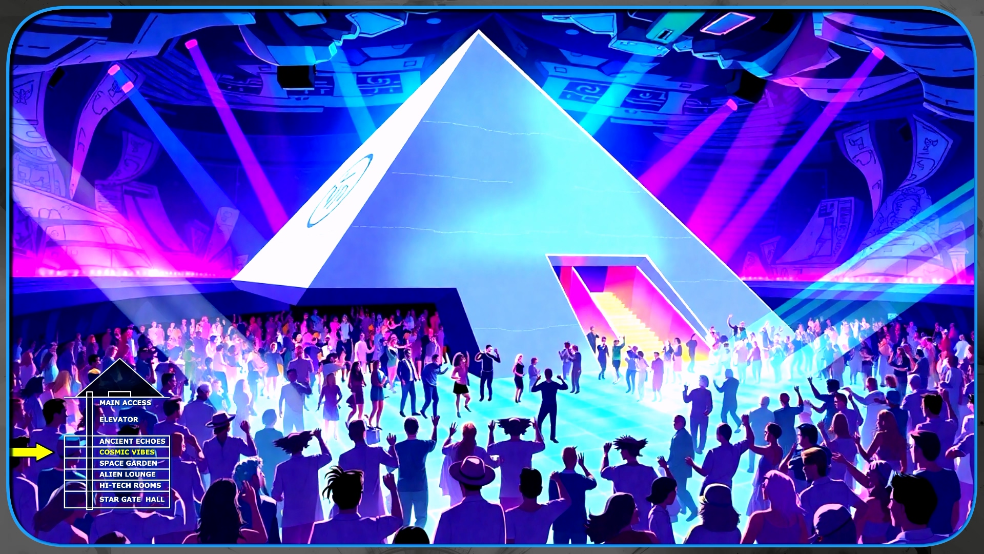 Futuristic nightclub with a massive illuminated pyramid and crowd dancing on the dancefloor